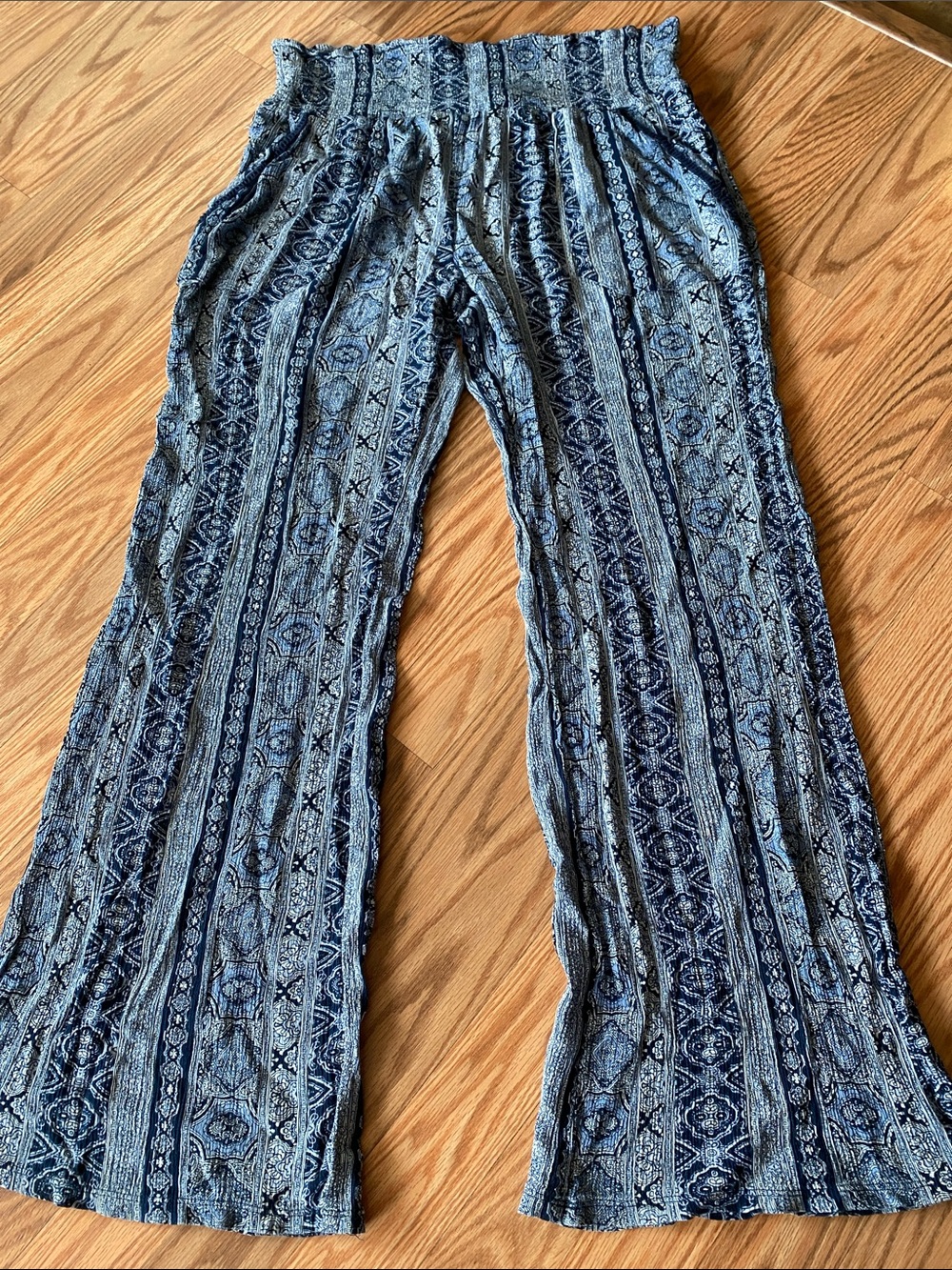 Smocked High-Waist Blue Patterned Wide-Leg Pants w/Pockets XL Loungewear Beach